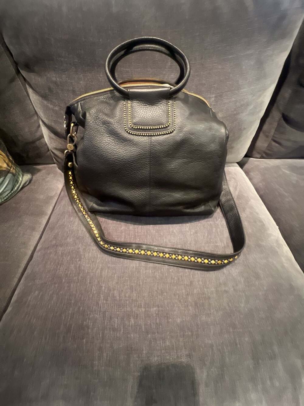 Hobo Sheila Satchel in Black Pebbled Leather with Studded Strap